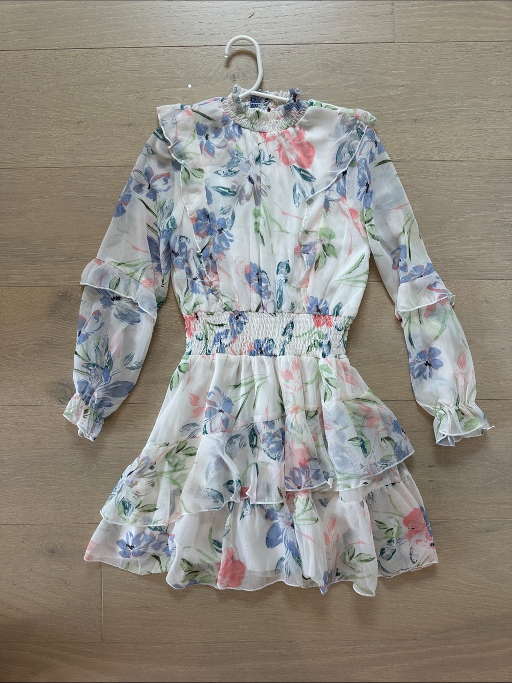 Aqua Girls White Floral Ruffle Tiered Dress with Pastel Blue & Pink Print